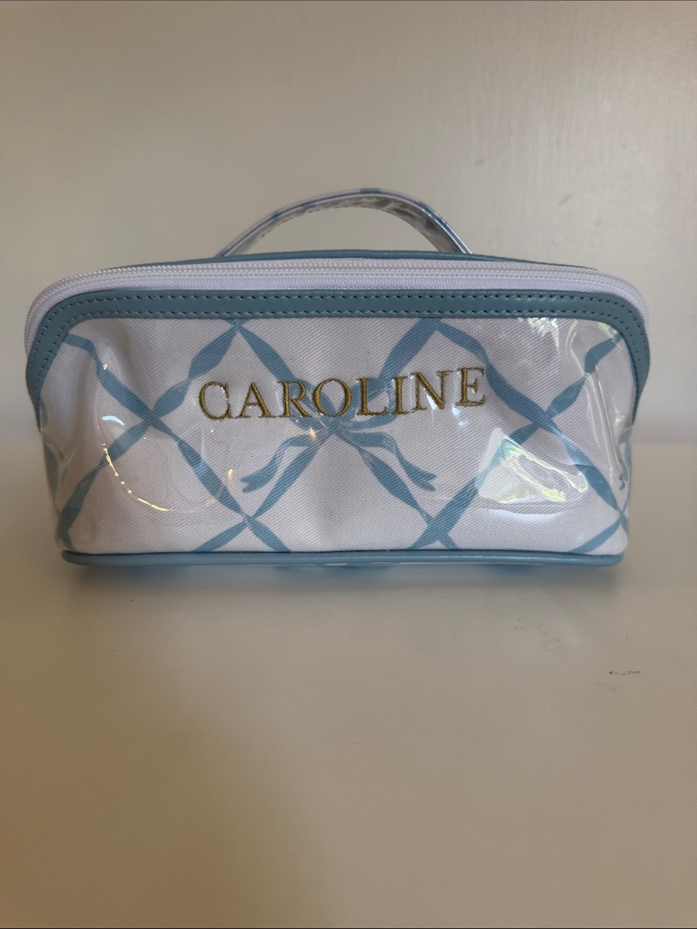 Mark & Graham Clear Coated Diamond Cosmetic Pouch - Blue Bows Monogram "CAROLINE
